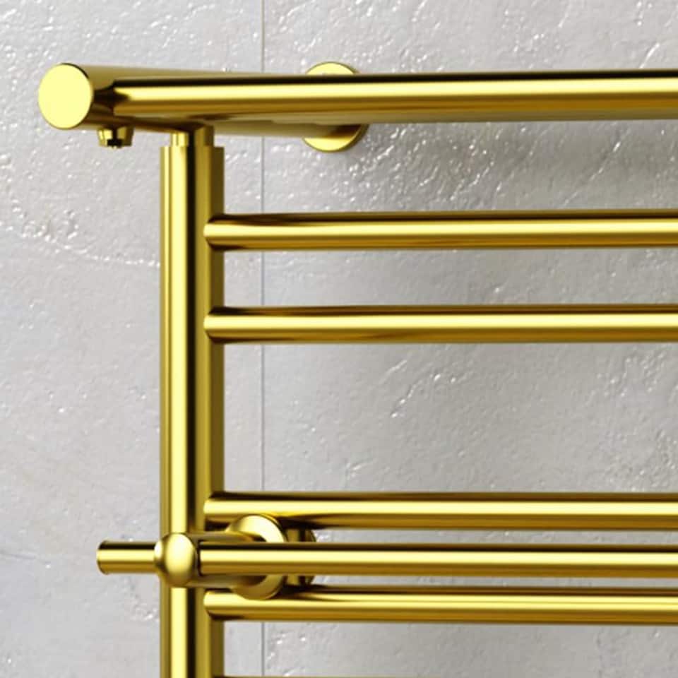 image 1 of 490mm x 680mm Shiny Gold Heated Towel Rail Radiator Top Shelf & Two Towel Holder OSLO For Bathroom & Kitchen Rag Storage Rack