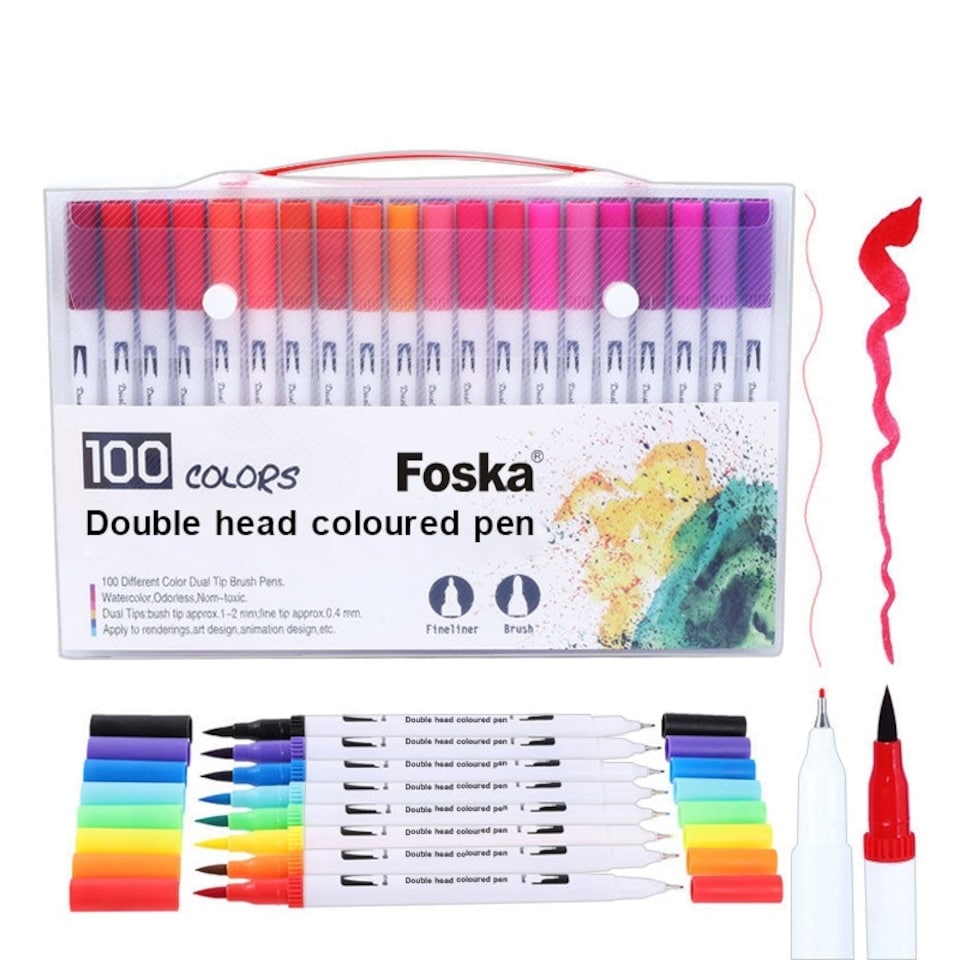 image 1 of Pack of 100 Assorted Colour Dual Tip Brush Pens