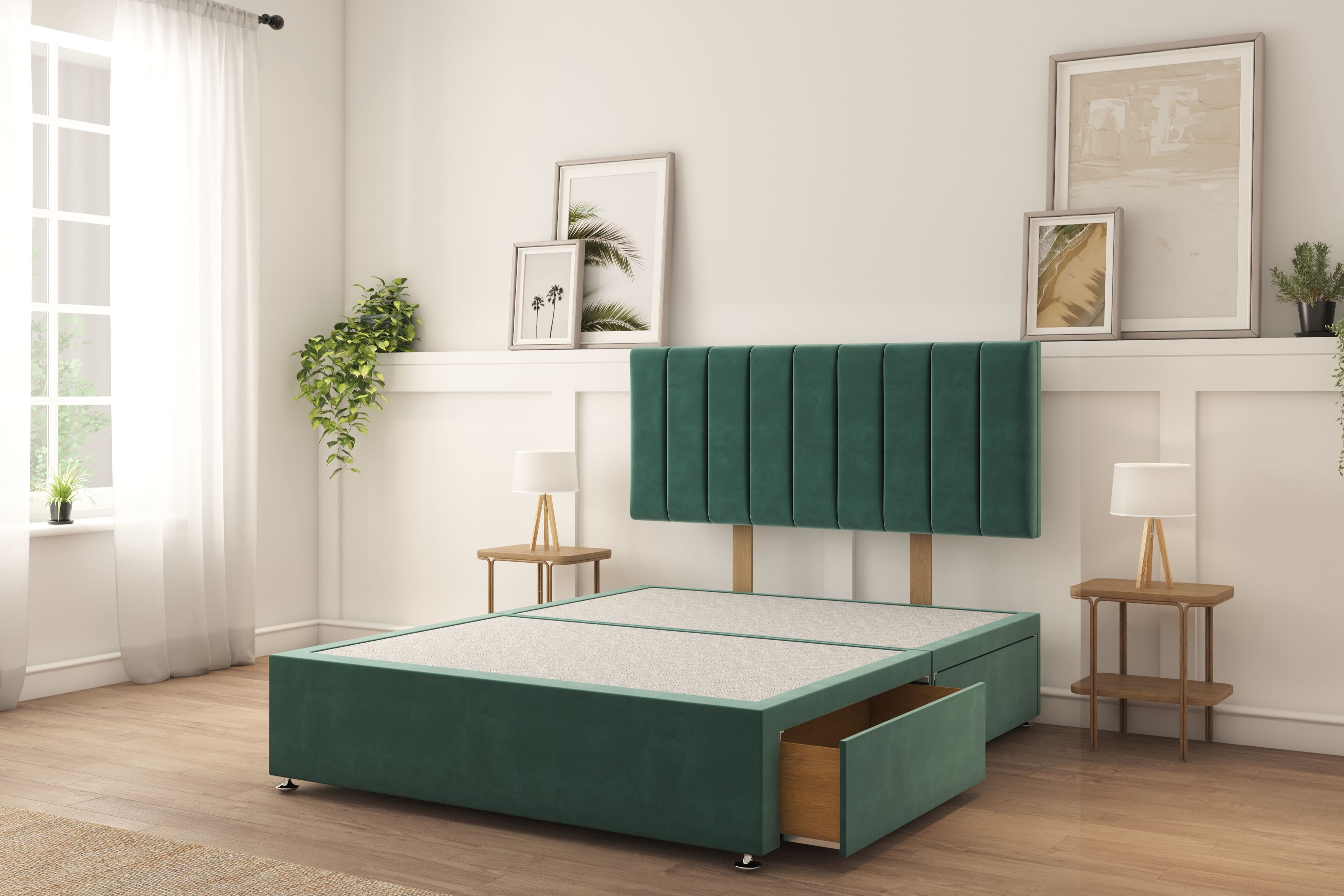Sloomy Kansas Emerald Plush Divan Bed Base 2 Drawers Same Side With 26" Strutted Headboard 4'6 Double