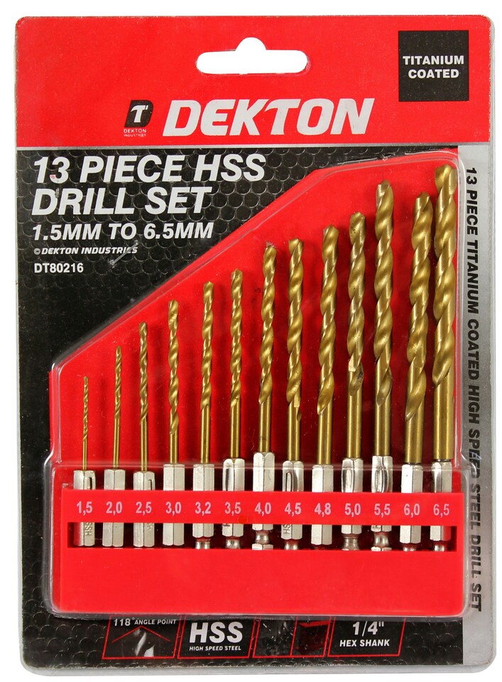 image 1 of Dekton 13pc 1/4'' Shank Hss Drill Set 1.5mm-6.5mm High Speed Steel Drill Bits, H