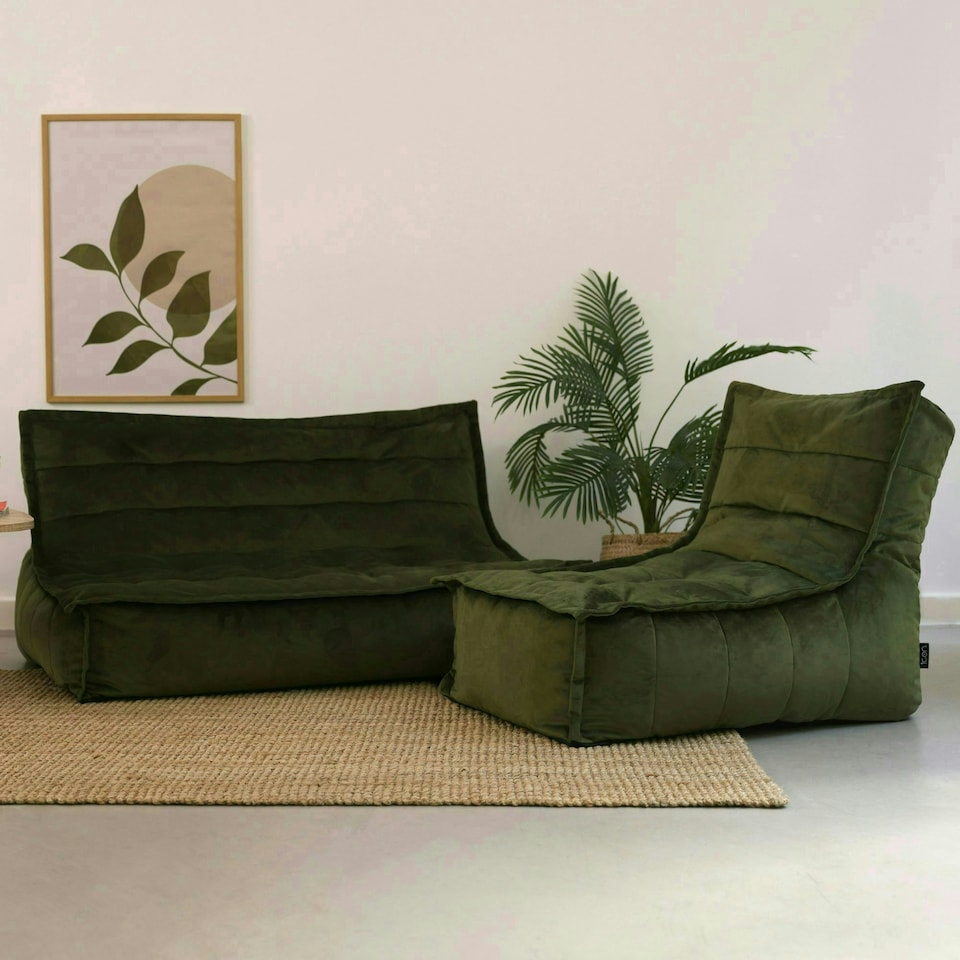 image 1 of icon Kota Velvet XL Bean Bag Sofa & Lounger Set Olive Green Bean Bag Chair Green