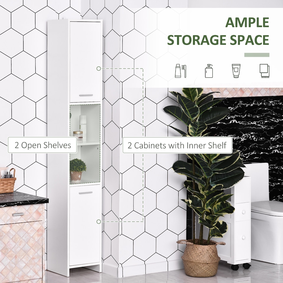 image 1 of HOMCOM Bathroom Floor Storage Cabinet Slim Tallboy w Door Cupboard & Shelves For Living Room, Bedroom, Hallway White