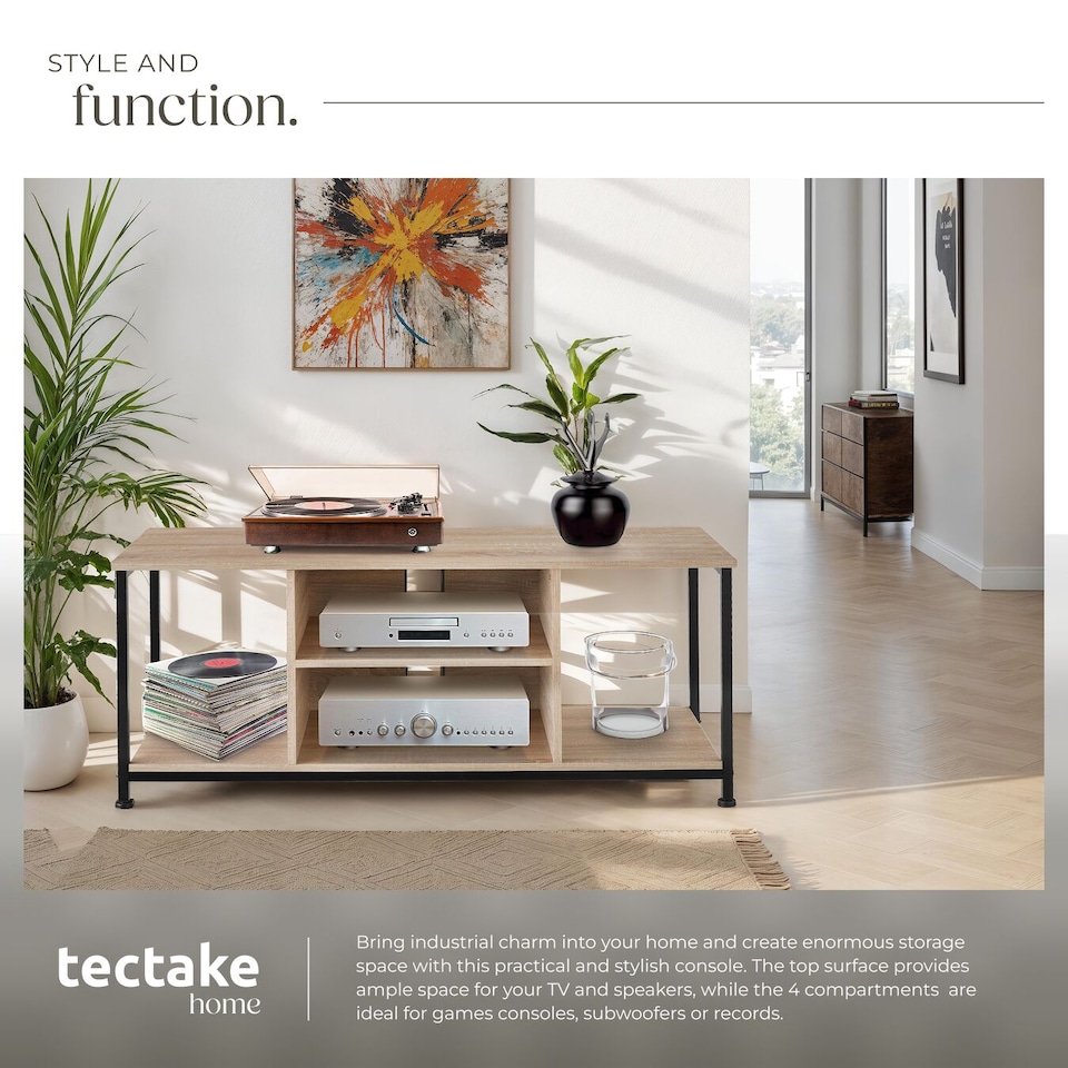 image 1 of TV Stand - lowboard cabinet with 4 compartments, adjustable shelf | Brown | industrial wood light, oak Sonoma | 120 x 40 x 50,50 cm | 1