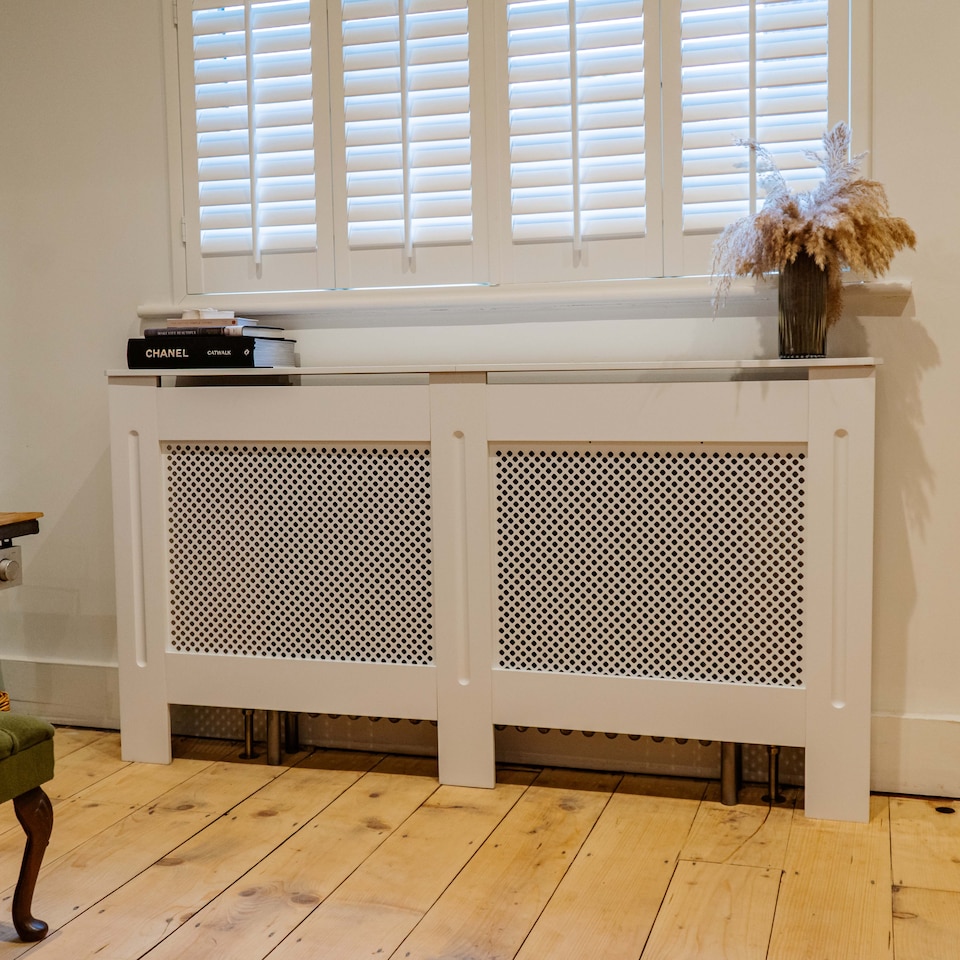 image 1 of JSH Radiator Cover Wood White Diamond MDF - Large - 152cm (W) x 81.5cm (H) x 19cm (D) | White