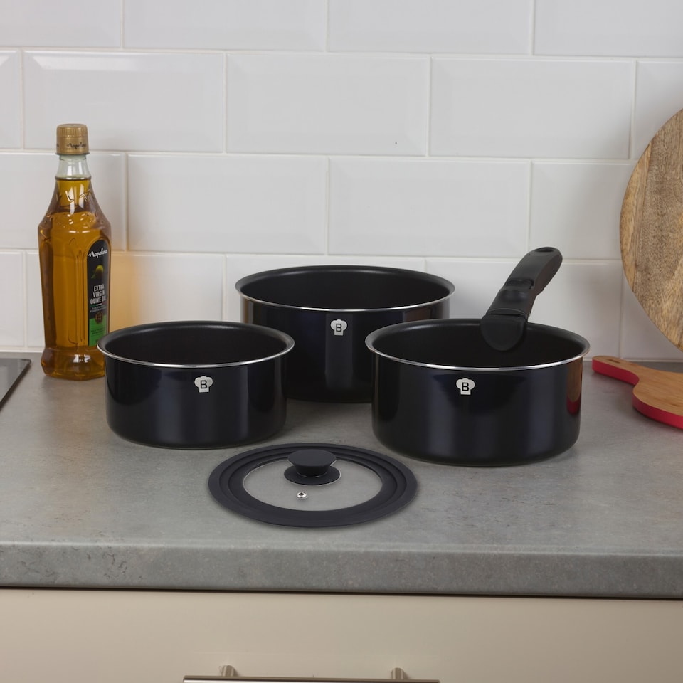 image 1 of Aluminium Induction Stackable Space Saving Pots Frying Pan Set Detachable Handle | Black | Aquamarine - 3 Pcs Frying Pans