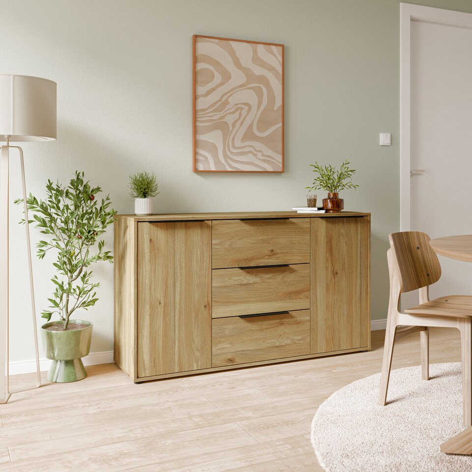 image 1 of Orkney 3 Drawer Sidebaord with 2 Doors in Mauvella Oak