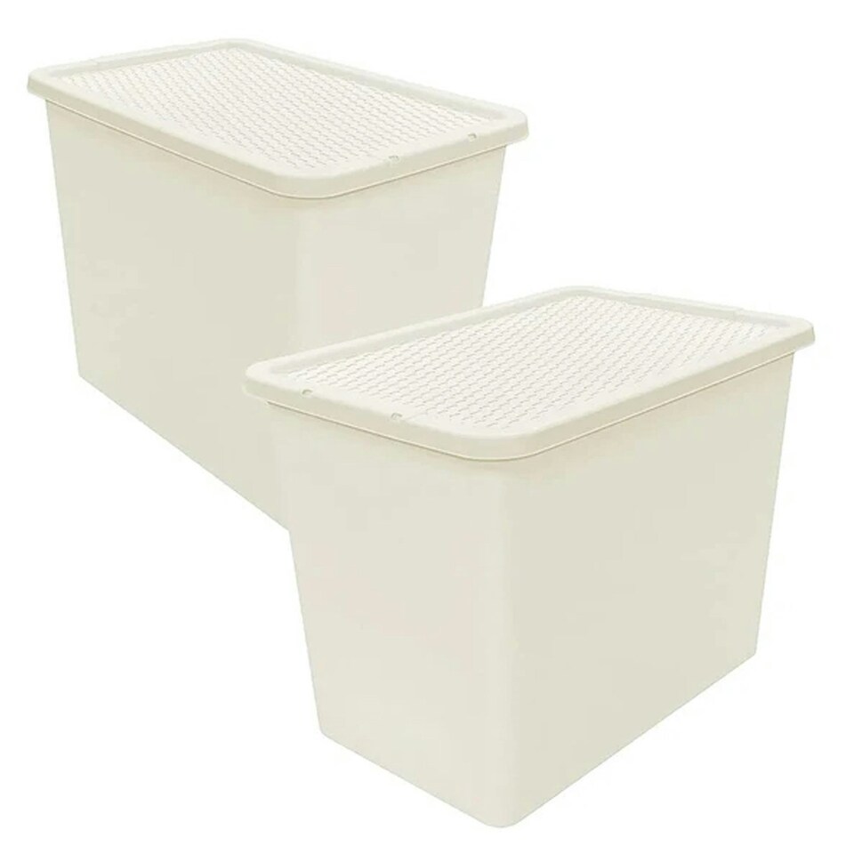 image 1 of 1 x Large Cream Stackable 80 Litre Plastic Rattan Storage Container With Lid Cream