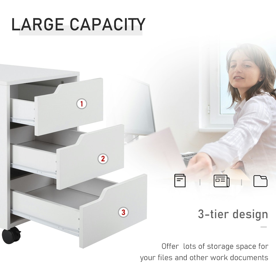 image 1 of MDF Mobile File Cabinet w/ 3 Drawers Locking Wheels Metal Rails Oak Tone White
