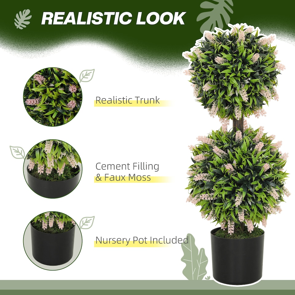 image 1 of HOMCOM Set of 2 Decorative Artificial Plants Ball Trees with Lavender Flowers in Pot Fake Plants for Home Indoor Outdoor Decor, 70cm, Pink