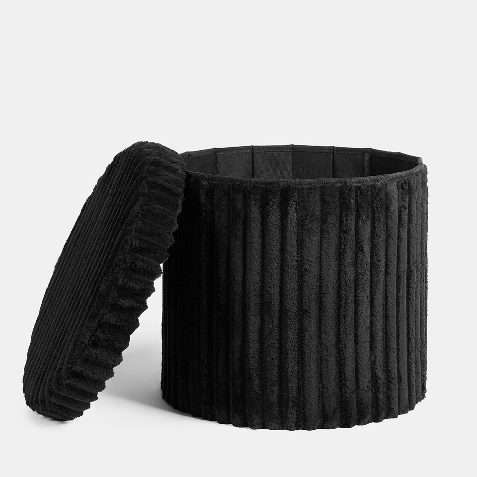 image 1 of OHS Soft Fleece Ribbed Round Foldable Footstool Seat Storage Organiser Ottoman Black