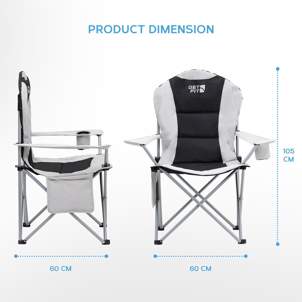 image 1 of Get Fit Premium Folding Camping Chair - Thick Padded With Magazine Pocket, Cup Holder & Carry Bag - Lightweight 3Kg - Capacity 130Kg - Single | Grey | 1