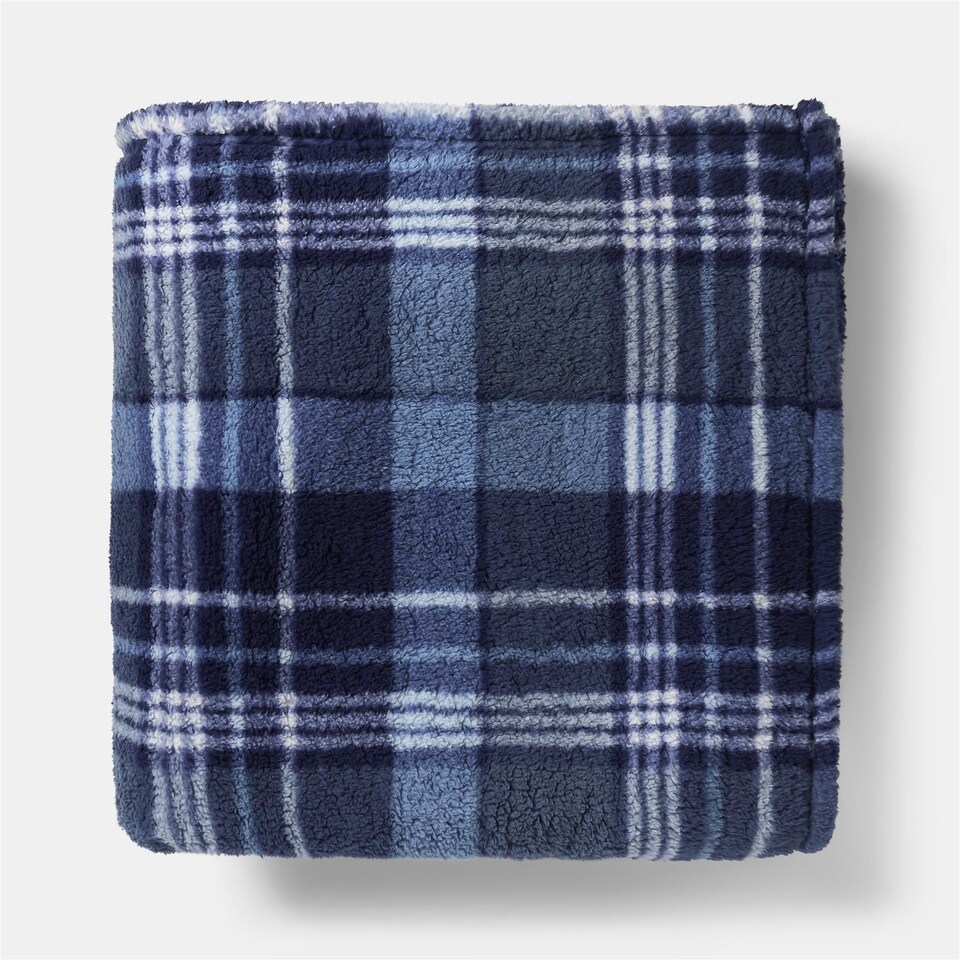 image 1 of OHS Winter Check Teddy Fleece Throw Xmas Soft Bedspread Blanket | Blue | Navy