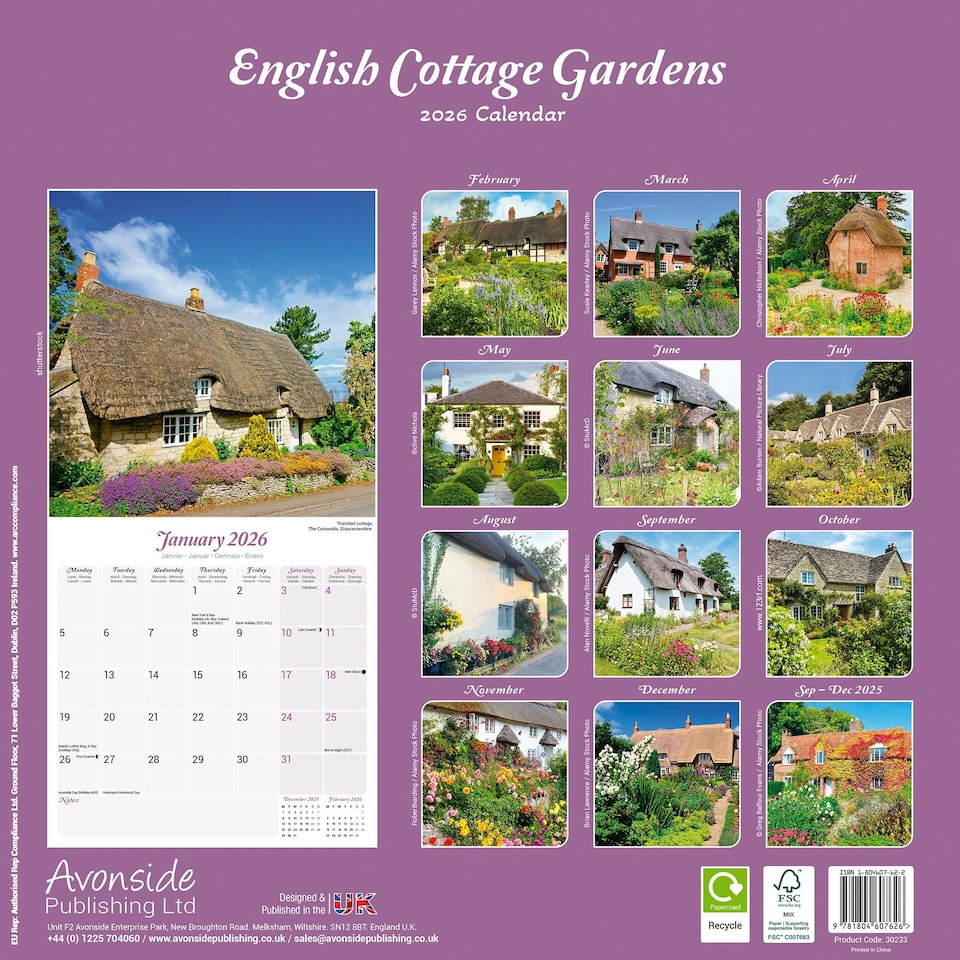 image 1 of English Gardens 2026 Calendar | Square Wall Calendar | Travel Gift | Plastic Free Packaging | by Avonside Publishing
