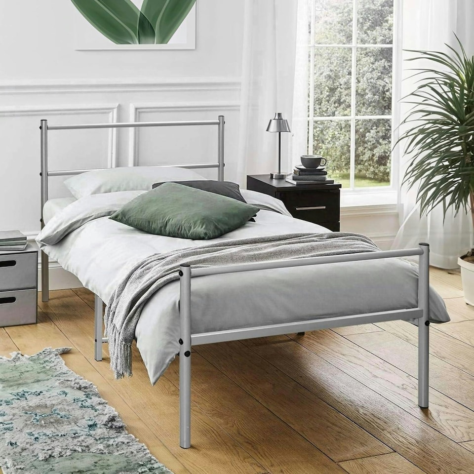 image 1 of Single Metal Bed Extra Strong Frame Adult Childs Bedroom Silver Easy Assembly
