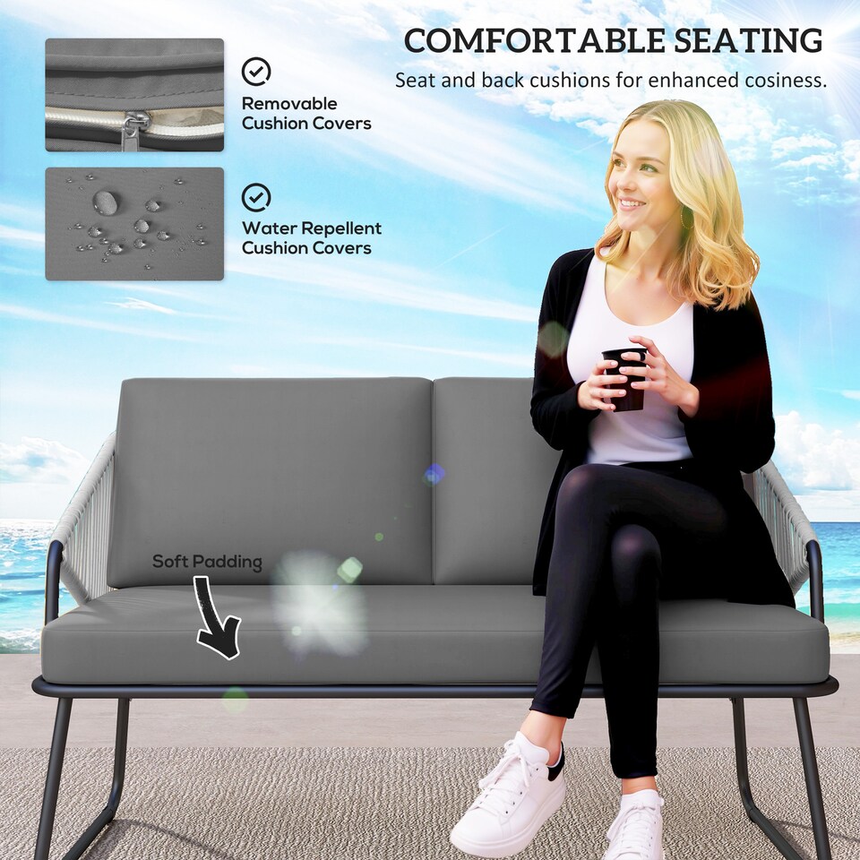 image 1 of Outsunny 4 Piece Rattan Garden Furniture Set, Wicker Patio Outdoor Furniture Set with Loveseat, Armchairs, Glass Top Coffee Table and Cushions for Patio, Conservatory, Balcony, Grey | Grey