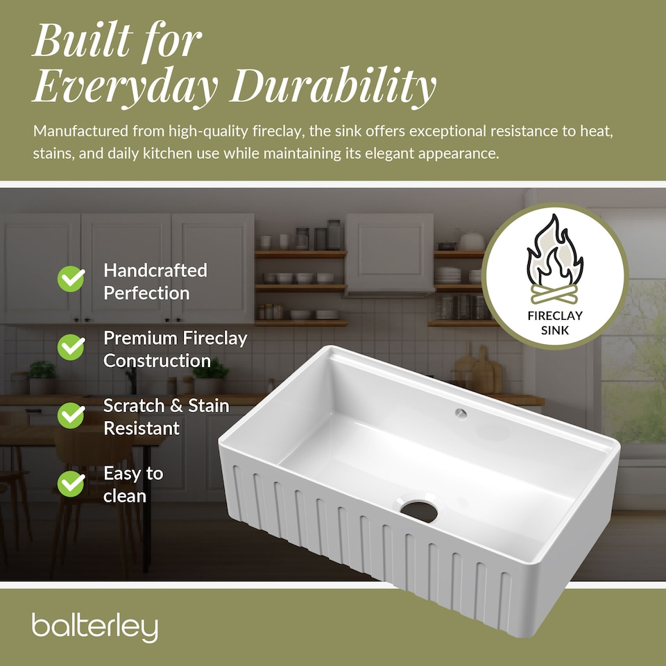 image 1 of Balterley Fireclay Single Bowl Fluted Front Kitchen Sink with Ledge and Overflow - Balterley | White | White | 220.0000 x 795.0000 x 460.0000mm | 1
