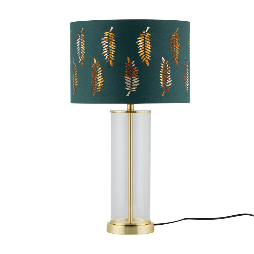 image 1 of Set of 2 Aura - Satin Brass Lamps with Green Fern Cut Out Shades Bronze | Green