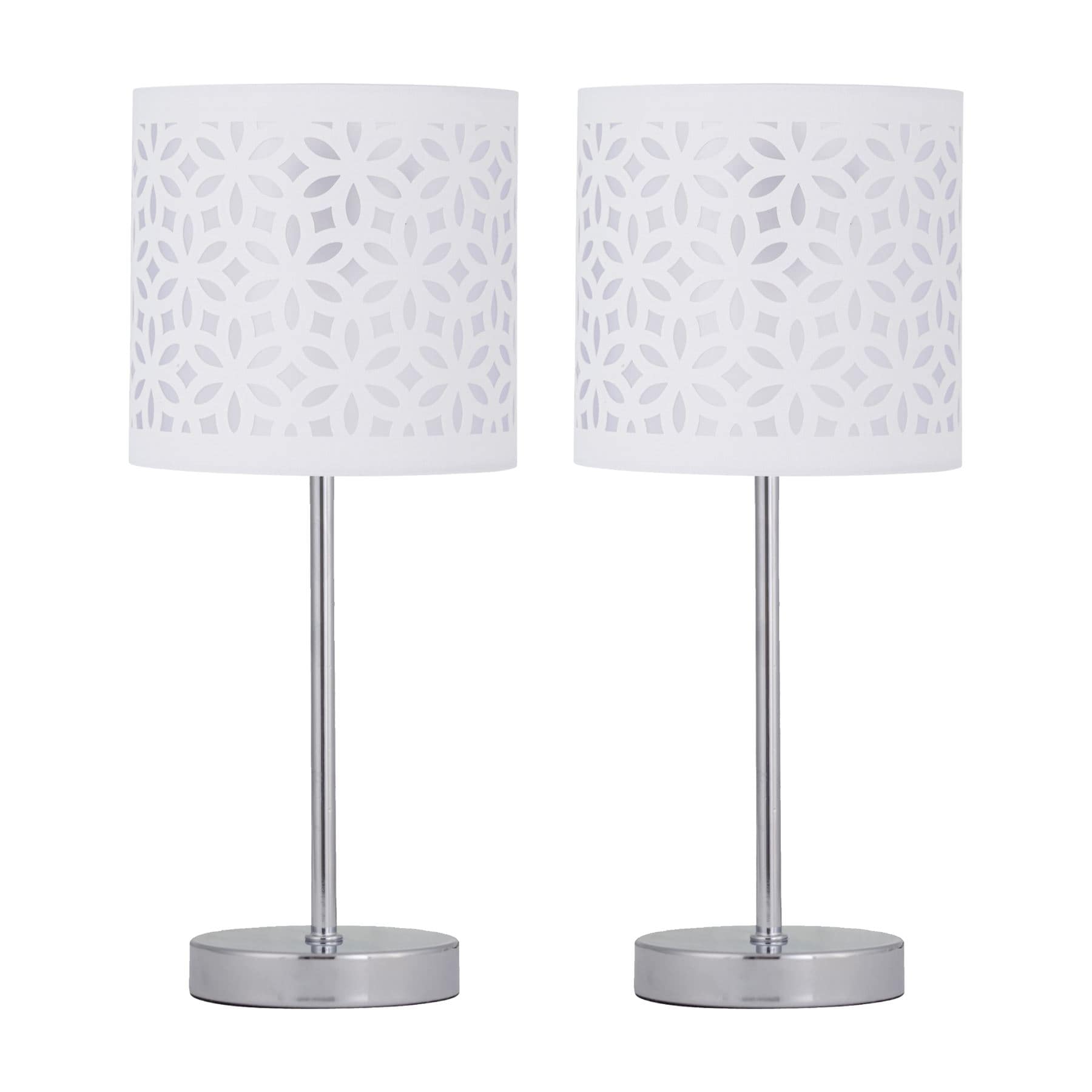 First Choice Lighting Set of 2 Chrome Touch Operated Table Lamps with White Cut Out Shades in Silver