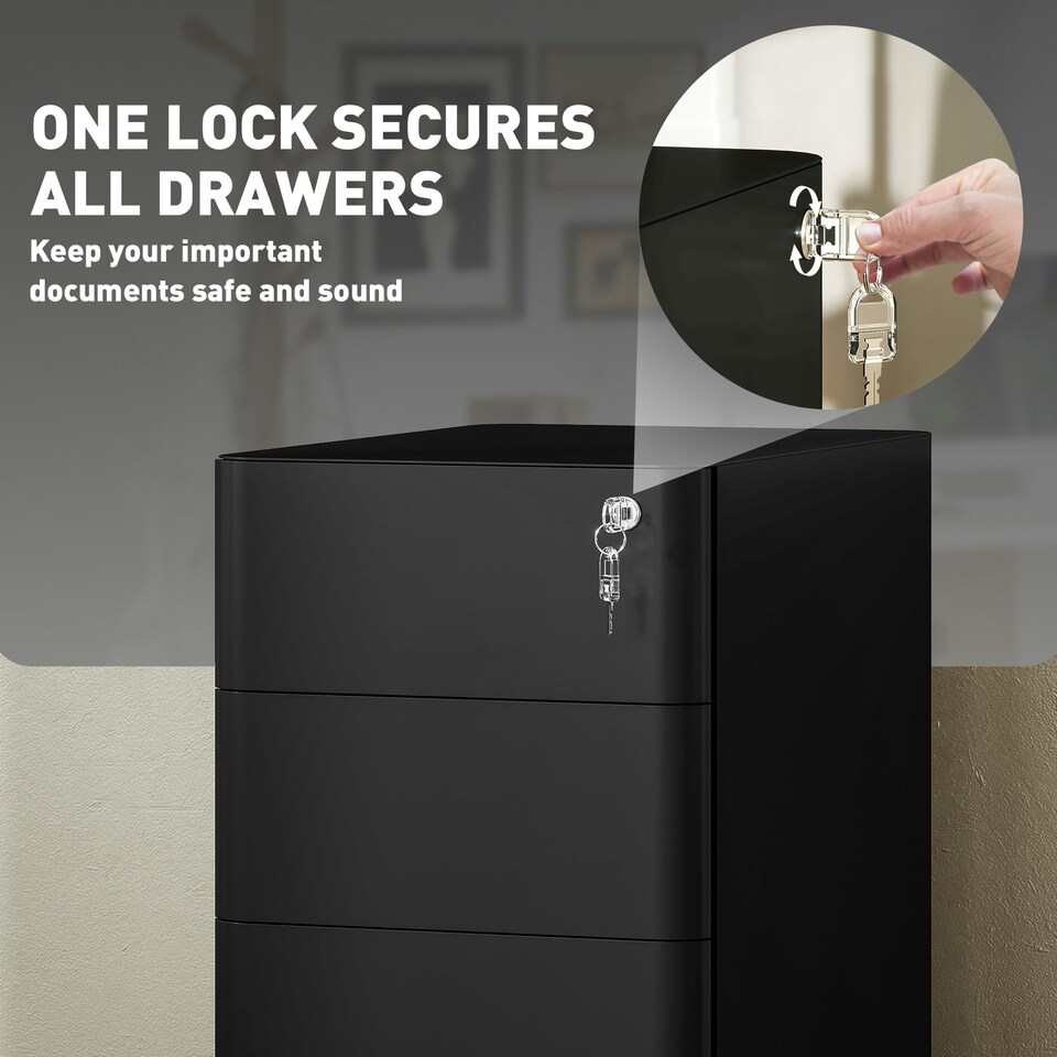 image 1 of Vinsetto Steel Filing Cabinet with Lock and Wheels for Home Office, Black 