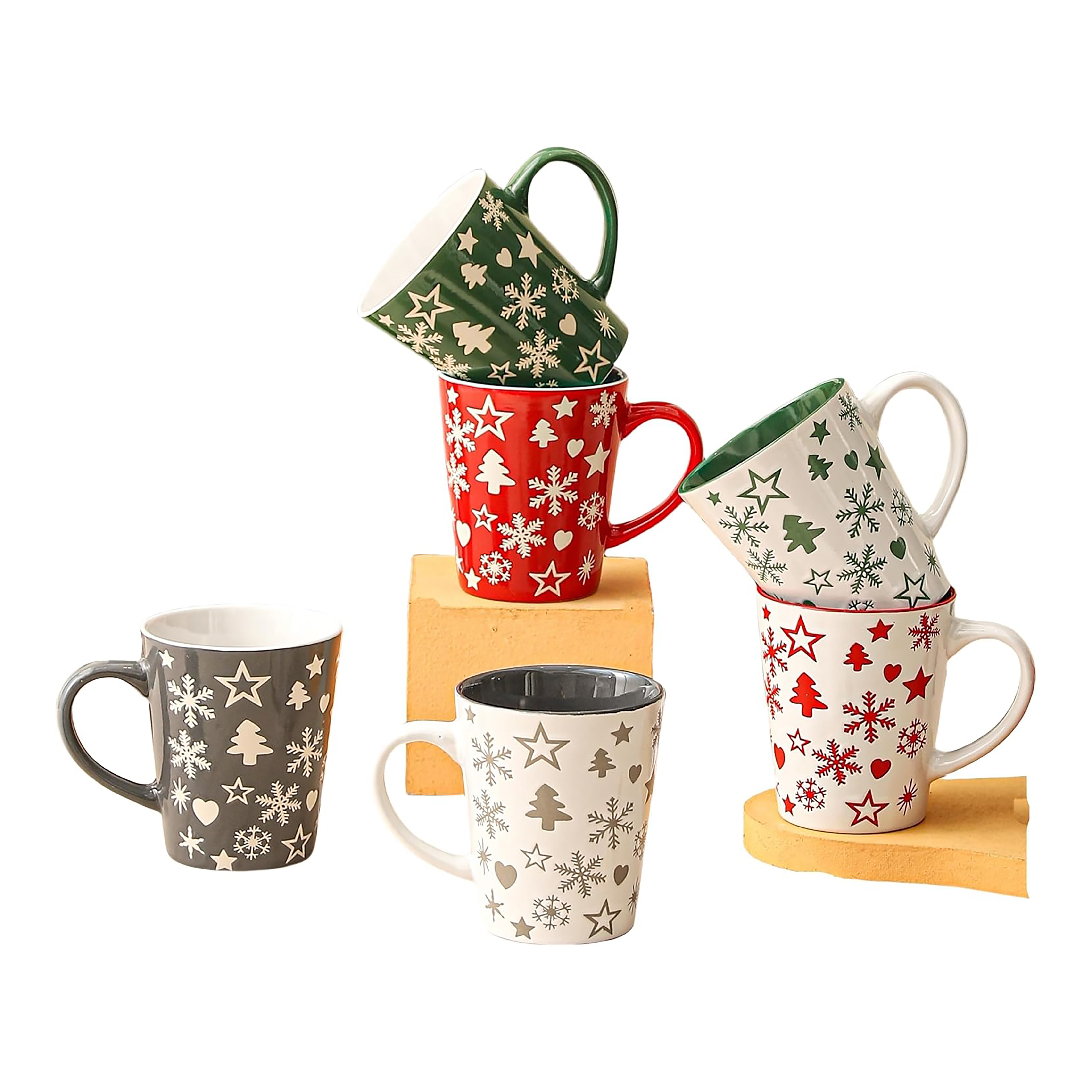 simpa 6PC Christmas Tree & Snowflake Stoneware Mug Set 350ml
