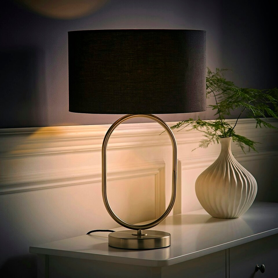 image 1 of ValueLights Antonia Black Fabric Drum Lamp Shade Brushed Chrome Oval Table Lamp Silver