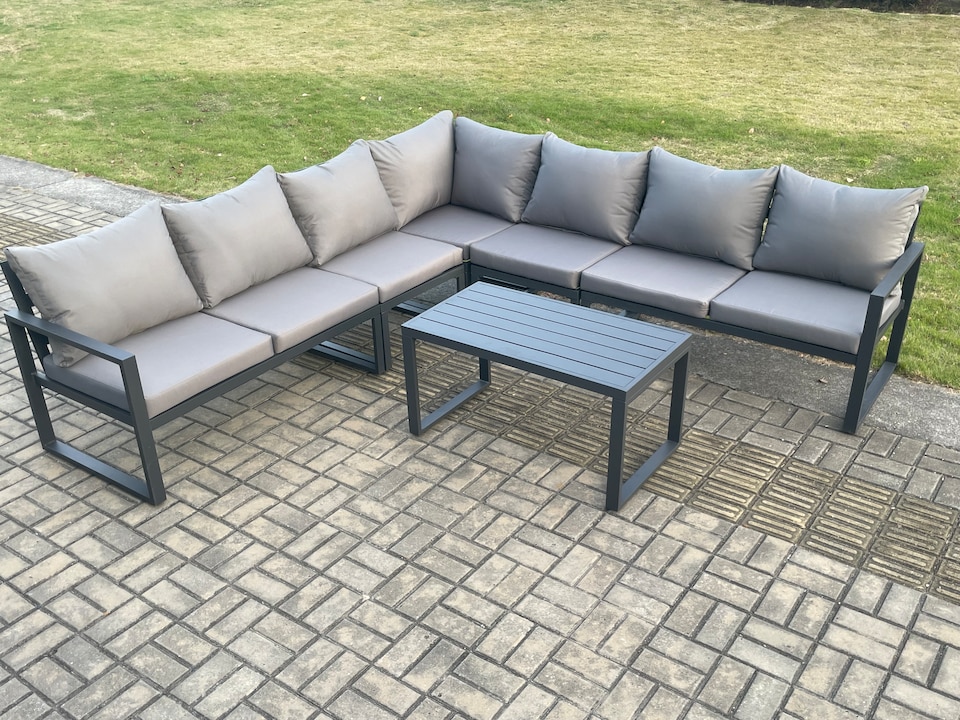 image 1 of Fimous Aluminium Patio Outdoor Garden Furniture Lounge Corner Sofa Set with Oblong Coffee Table Dark Grey