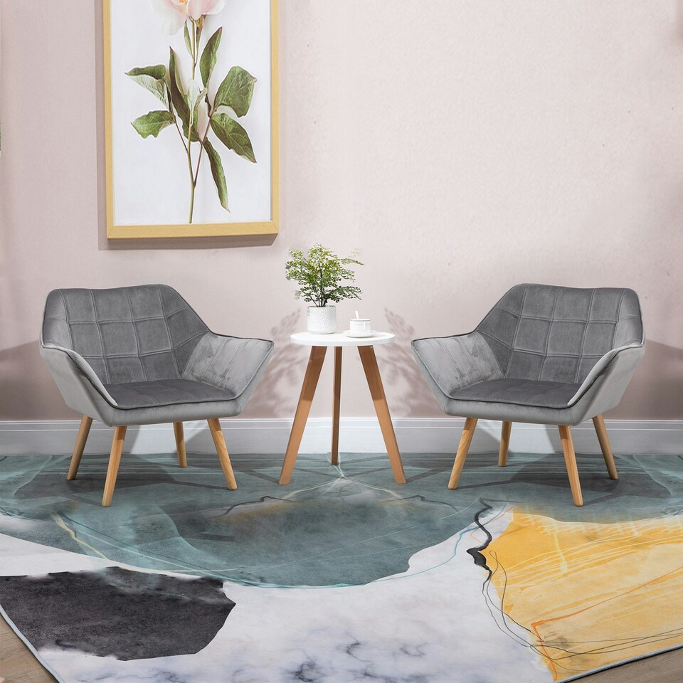 image 1 of HOMCOM Luxe Velvet-Feel Accent Chair w/ Wide Arms Slanted Back Wood Legs Grey
