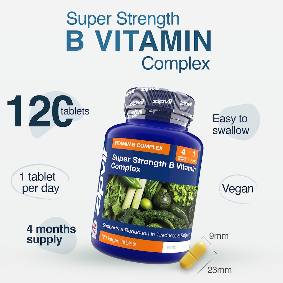 image 1 of Zipvit Super Strength B Complex, Energy, Immunity & Mental Performance Support, 120 Vegan Tablets, 4-Month Supply