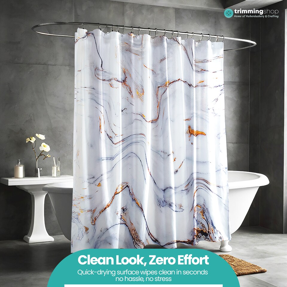 image 1 of White & Grey Marble Polyester Shower Curtain with 12 Hooks - 180x200cm