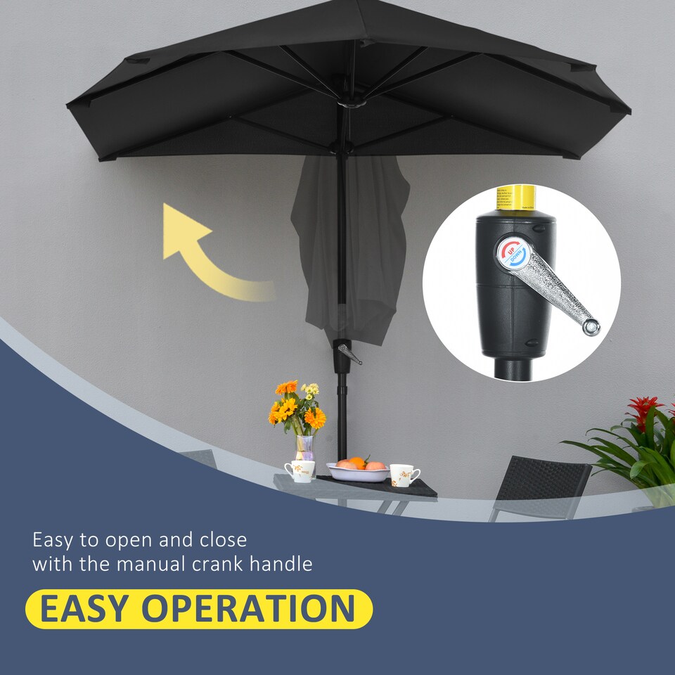image 1 of Outsunny 2m Half Parasol Market Umbrella Garden Balcony Parasol with Crank Handle, Cross Base, DoubleSided Canopy, Black