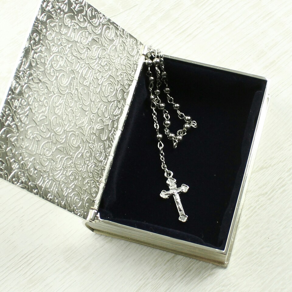 image 1 of Personalised First Holy Communion Bible Trinket Box with Rosary Beads