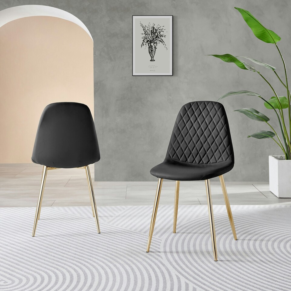 image 1 of Furniturebox 2x Corona Gold Leg Black Faux Leather Dining Chair