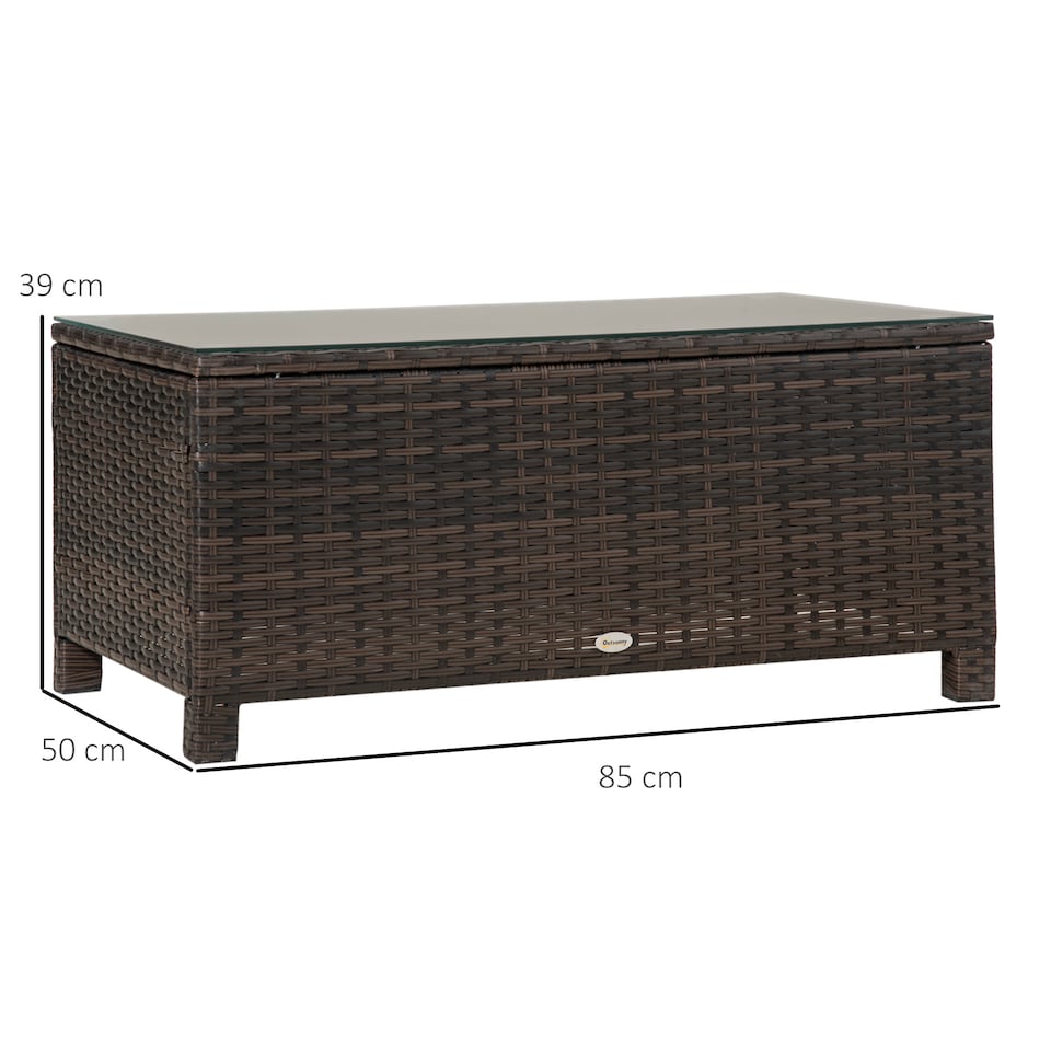 image 1 of Outsunny PE Rattan Coffee Table, Rectangular Outdoor Coffee Table with Tempered Glass Top, 70 KG Capacity for Garden, Balcony, Terrace, Patio, Mixed Brown