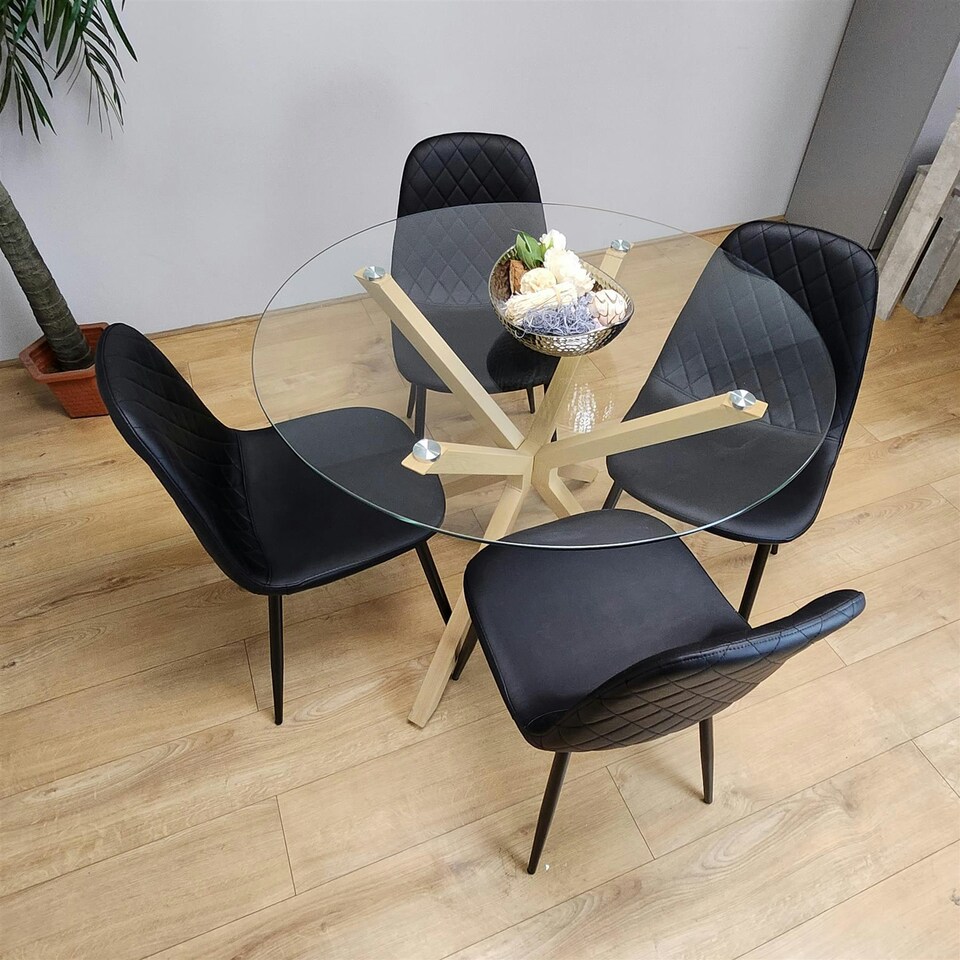 image 1 of Forest Round Glass Table + 4 Black gem Black