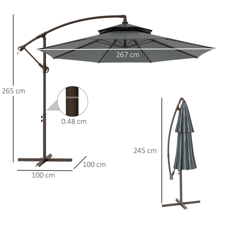 image 1 of Outsunny 2.7m Garden Banana Parasol Cantilever Umbrella with Crank Handle, Double Tier Canopy and Cross Base for Outdoor, Hanging Sun Shade, Dark Grey