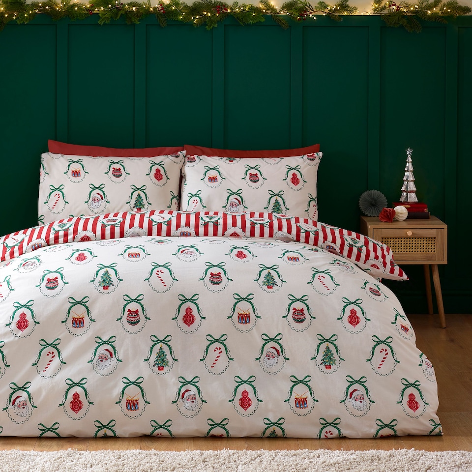 image 1 of Catherine Lansfield Christmas Vintage Stripe Reversible Duvet Cover Set