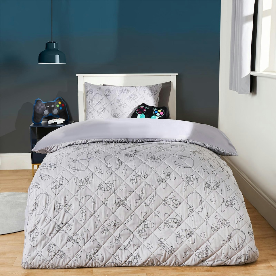 image 1 of OHS Kids Gaming Print Pinsonic Duvet Cover and Pillowcase Set, Single - Grey
