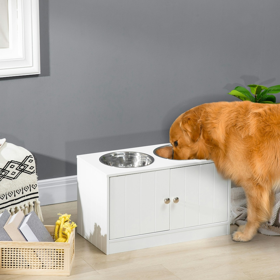 image 1 of PawHut Raised Dog Bowls for Large Dogs Feeding Station w/ Stand, Storage - White