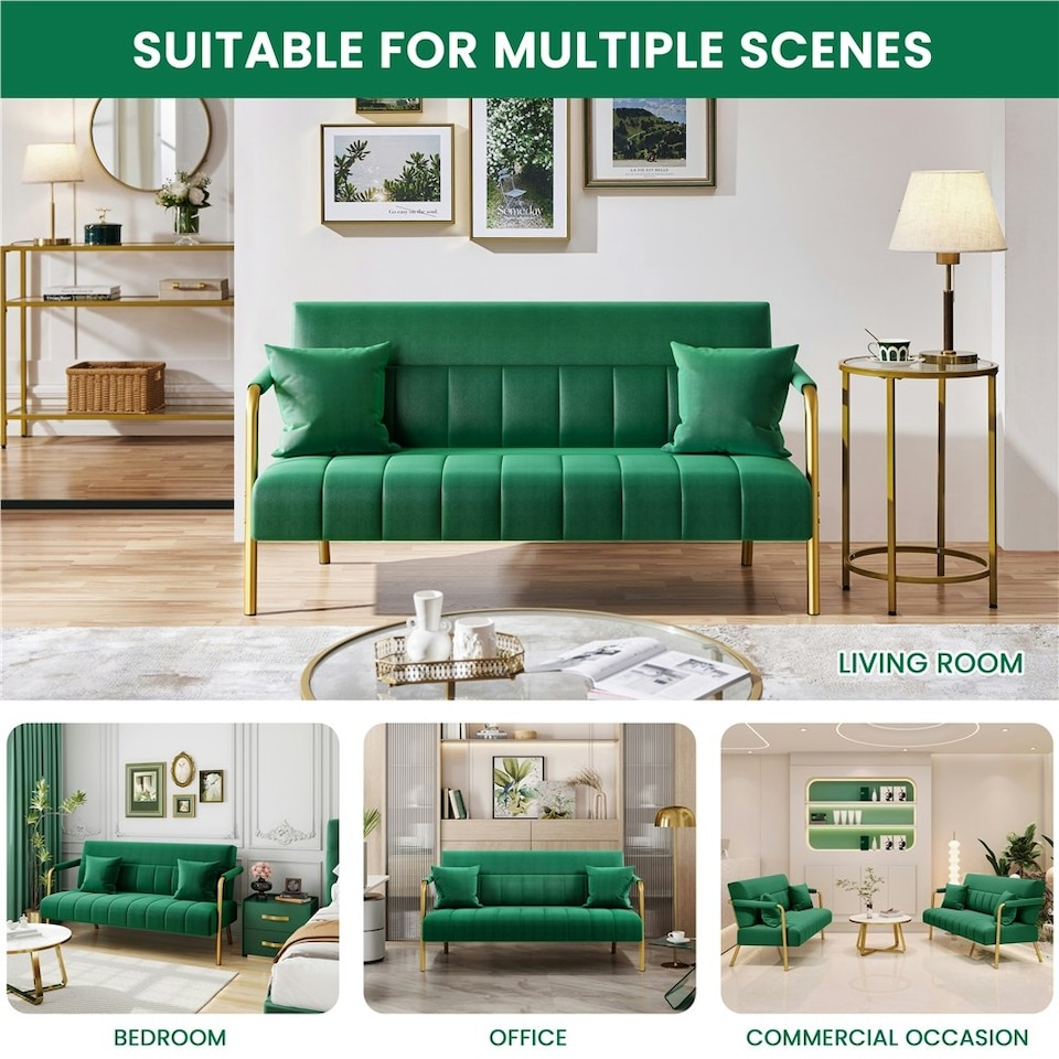 image 1 of Yaheetech Upholstered Sofa Couch with Gold-tone Metal Arms and Legs Green