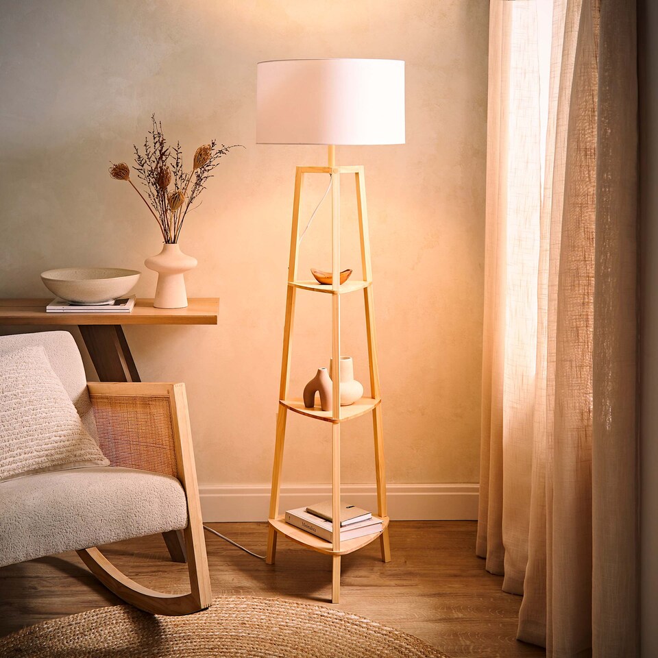 image 1 of ValueLights Hiru Wooden 3 Tier Shelf Floor Lamp with White Shade | White