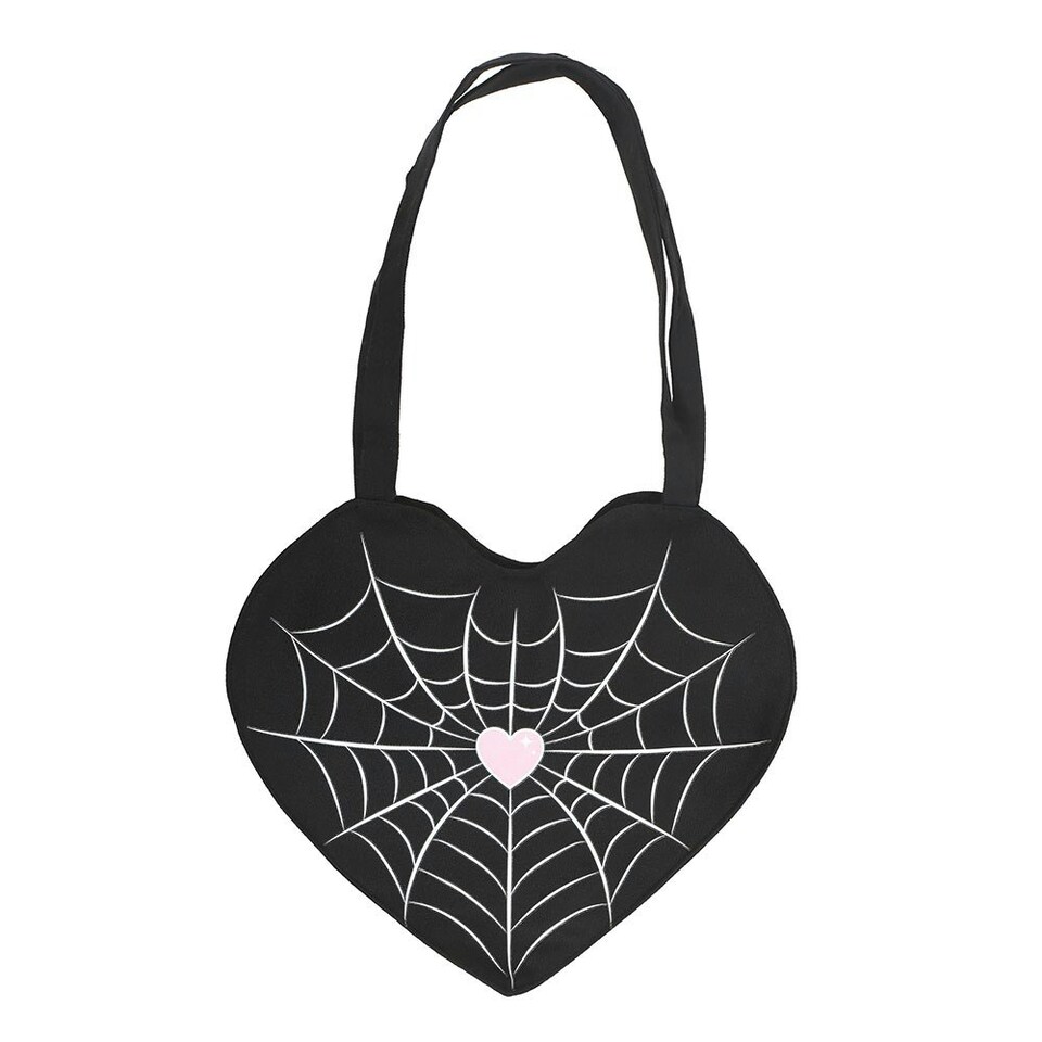 image 1 of Spiderweb Heart Satin Tote Bag Black