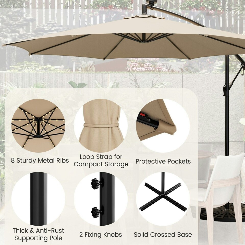 image 1 of COSTWAY 303 cm Patio Parasol Solar LED Cantilever Offset Umbrella Cream