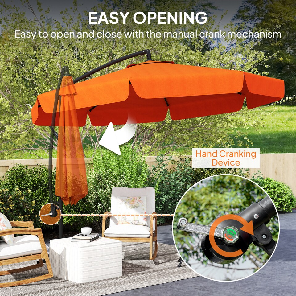 image 1 of Outsunny 2.7m Garden Banana Parasol Cantilever Umbrella with Crank Handle and Cross Base for Outdoor, Hanging Sun Shade, Orange | Orange | Orange
