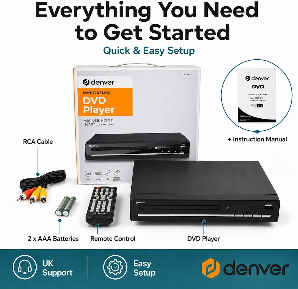 image 1 of Denver DVH-7787 - Compact DVD Player, Multi Region/All Region, Full HD 1080p Upscaling, HDMI, Scart & Composite Video Connections, USB Port & Remote