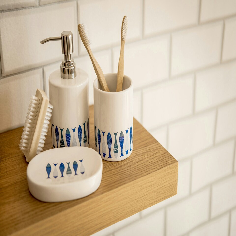 image 1 of Interiors by Premier Modern White & Blue 3 Piece Bathroom Set, Dolomite Accessories Set With Dispenser, Rinse Cup, & Soap Holder