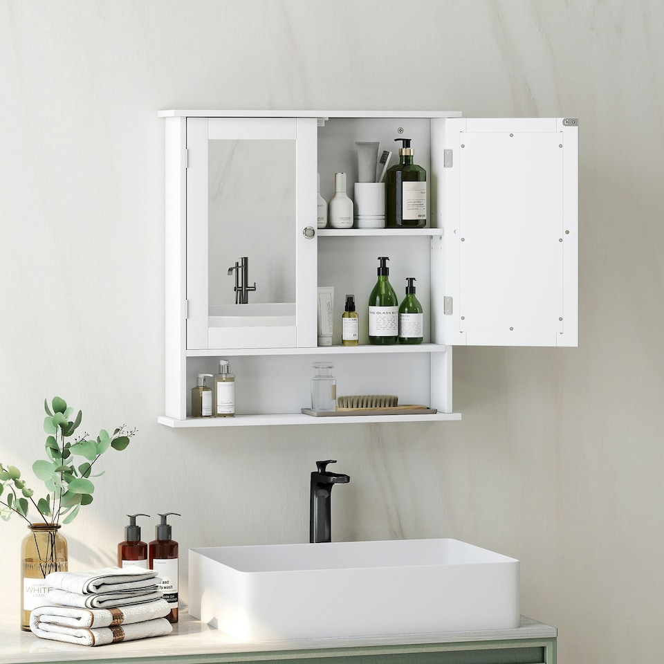 image 1 of kleankin Wall Mounted Mirror Cabinet W/ Double Mirror Doors & Shelf | White | 56L x 13W x 58H cm