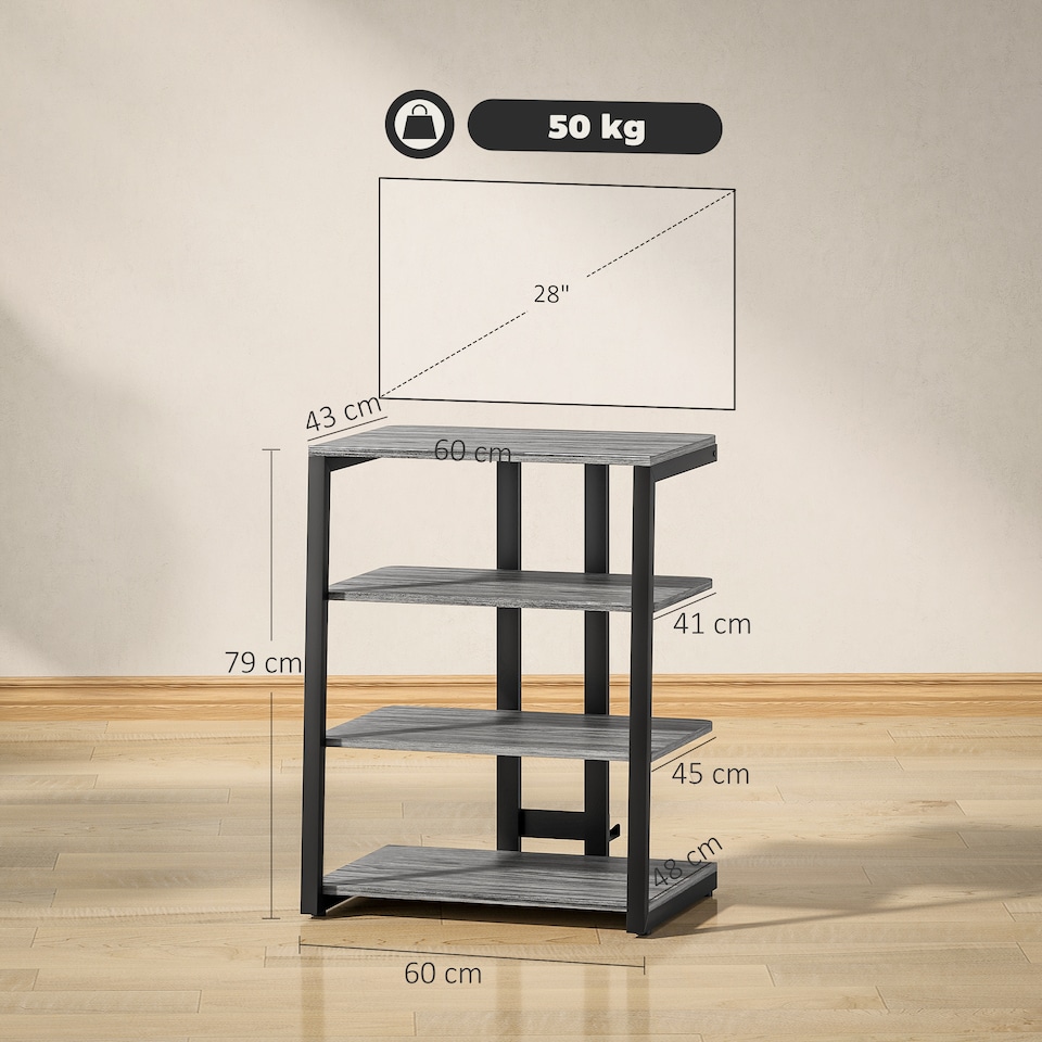 image 1 of HOMCOM HiFi Stand, 4-Tier Media Storage Shelf with Adjustable Shelves, Power Strip Rack for Router, Record Player, Printer, Industrial TV Stand for up to 28 Inch TVs, Dark Grey | Grey | 1