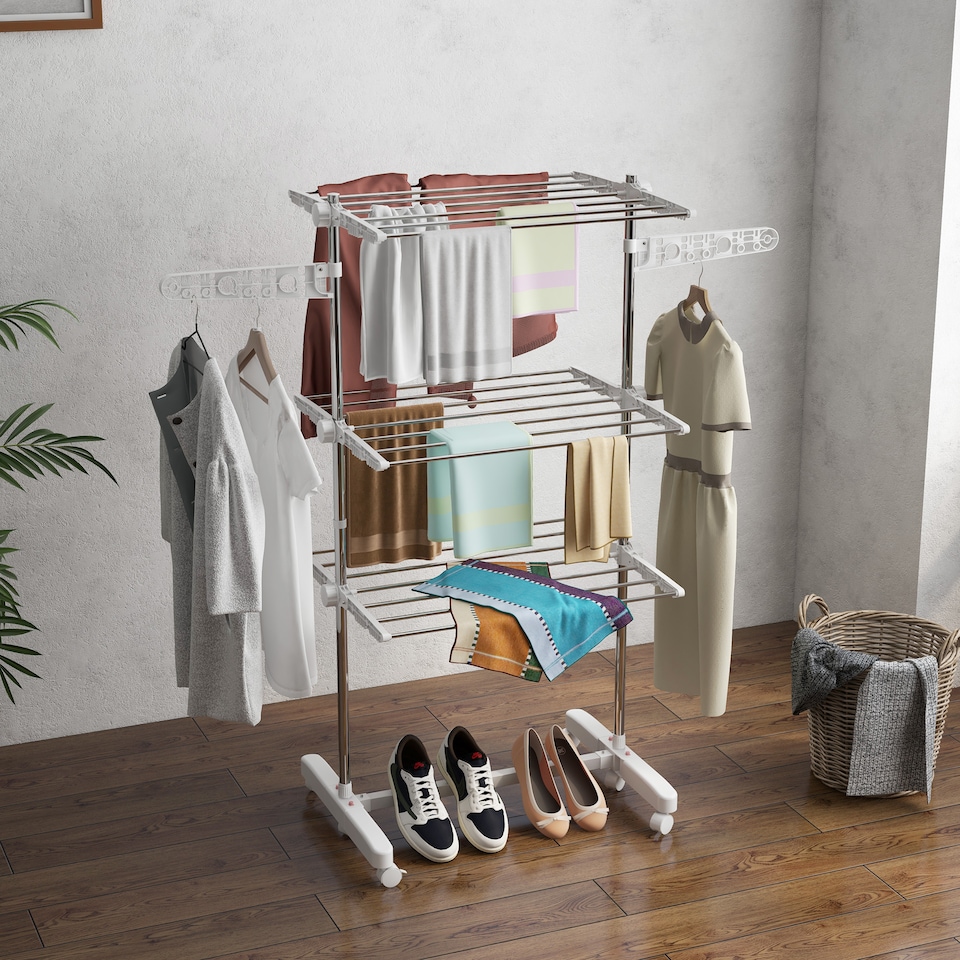 image 1 of HOMCOM 3-Tier Clothes Airer, Stainless Steel Foldable Clothes Drying Rack with Wheels and Wings, Indoor and Outdoor, Easy Assembly, 142 x 55 x 152cm, White