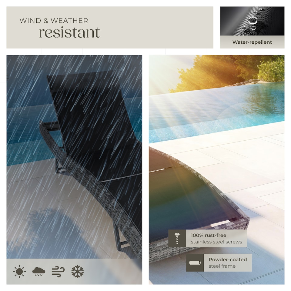 image 1 of Sun Lounger Weatherproof And UV-resistant 6 step Adjustable Backrest Poly Rattan | Grey | mottled grey | 1