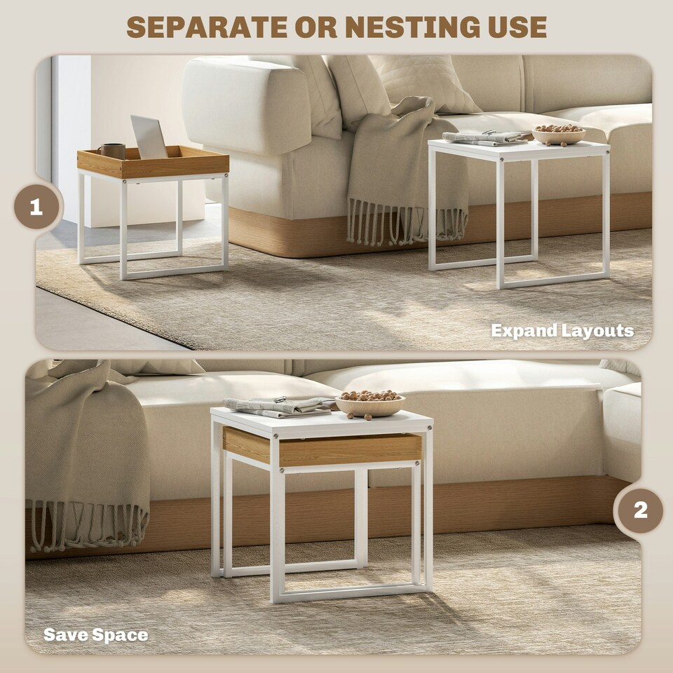 image 1 of HOMCOM Modern Coffee Table Set Square Nest of Tables for Small Space White